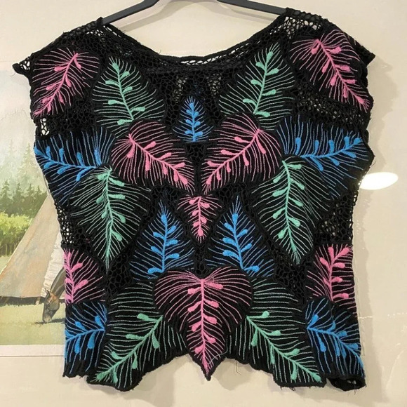 Blouse Embroidered Mesh Neon Floral Shirt Top - Picture 1 of 7
